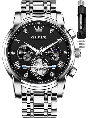 Men Silver And Black Skeleton Stainless Diamond Multi Calendar Chronograph Watch